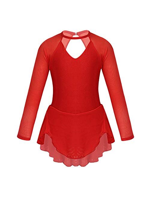 Yeahdor Girls' Kids Figure Ice Skating Dress Mesh Splice Long Sleeve Mock Neck Ballet Dance Gymnastic Tutu Skirted Leotard