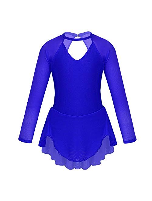 Yeahdor Girls' Kids Figure Ice Skating Dress Mesh Splice Long Sleeve Mock Neck Ballet Dance Gymnastic Tutu Skirted Leotard