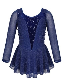 Agoky Kids Girls Figure Ice Skating Roller Skater Dress Ballet Dance Leotard Silver Glitters Long Sleeve Tutu Skirt Dancewear