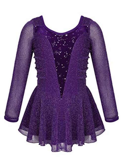 Agoky Kids Girls Figure Ice Skating Roller Skater Dress Ballet Dance Leotard Silver Glitters Long Sleeve Tutu Skirt Dancewear