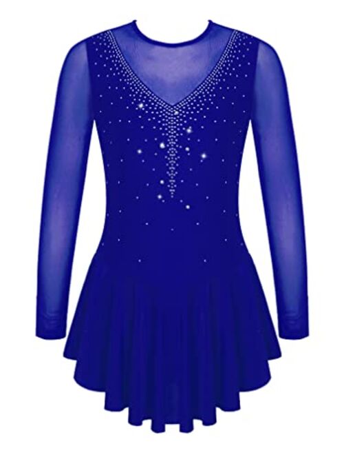 Agoky Kids Girls Figure Ice Skating Roller Skater Dress Ballet Dance Leotard Silver Glitters Long Sleeve Tutu Skirt Dancewear