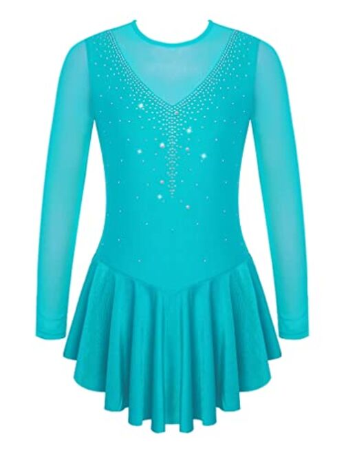 Agoky Kids Girls Figure Ice Skating Roller Skater Dress Ballet Dance Leotard Silver Glitters Long Sleeve Tutu Skirt Dancewear