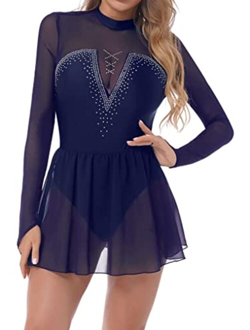 JanJean Womens Rhinestone Mesh Splice Figure Ice Skating Dress Gymnastic Leotard Dress Lyrical Dance Costume