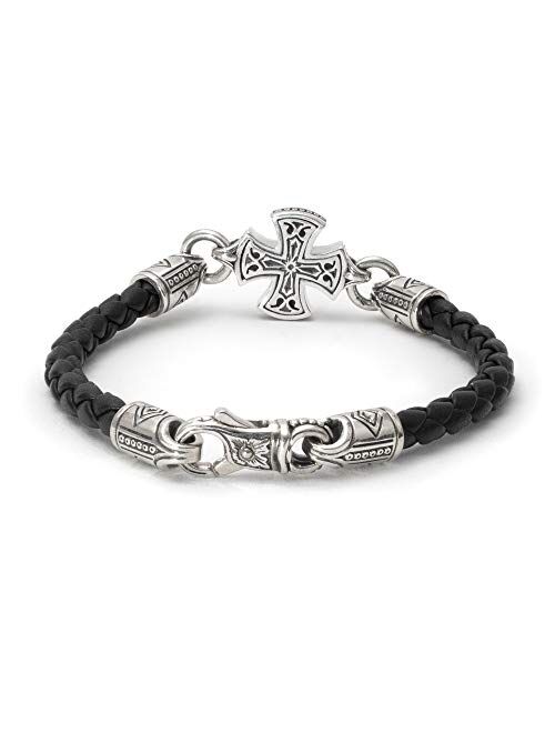 Konstantino Men's Leather Maltese Cross Bracelet, Black, 8.5", Perseus Collection