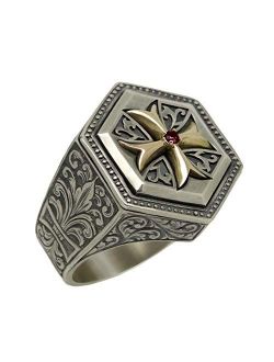 Secretium Knights Templar Sterling silver 925 & 10K Gold cross Fleur de Lis hand engraved mens ring, Medieval Crusader, Masonic