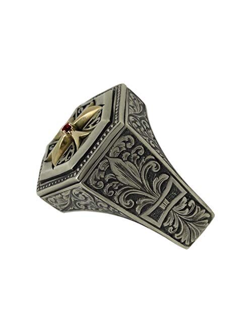 Secretium Knights Templar Sterling silver 925 & 10K Gold cross Fleur de Lis hand engraved mens ring, Medieval Crusader, Masonic