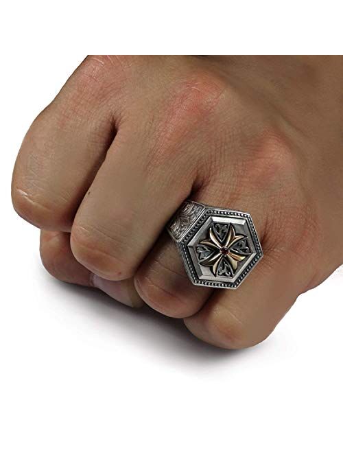 Secretium Knights Templar Sterling silver 925 & 10K Gold cross Fleur de Lis hand engraved mens ring, Medieval Crusader, Masonic