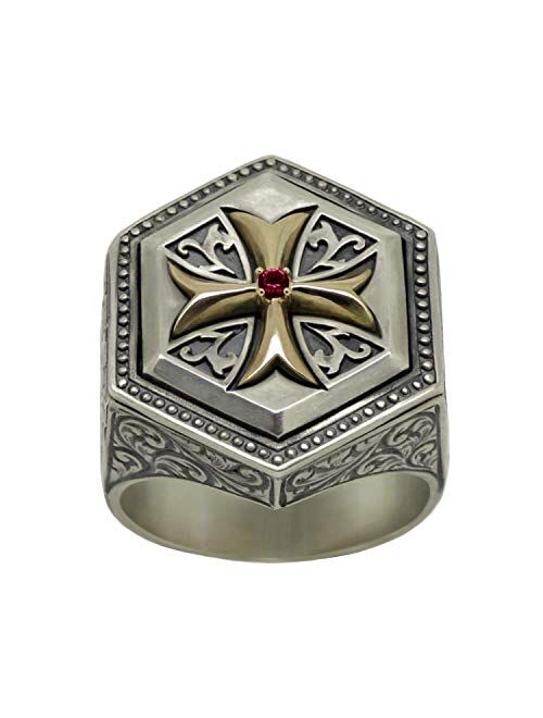 Secretium Knights Templar Sterling silver 925 & 10K Gold cross Fleur de Lis hand engraved mens ring, Medieval Crusader, Masonic