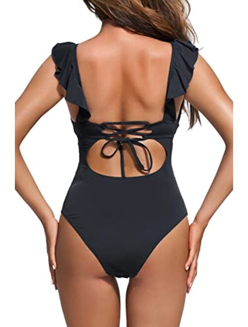 Beautikini Women One Piece Swimsuits, Ruffle Lace Up Bathing Suit V Neck Tummy Control Swimwear