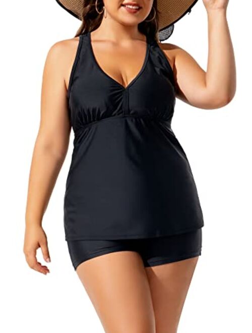 Beautikini Womens Plus Size Swimsuits with Shorts, Two Piece Tummy Control Bathing Suits V Neck Swimwear