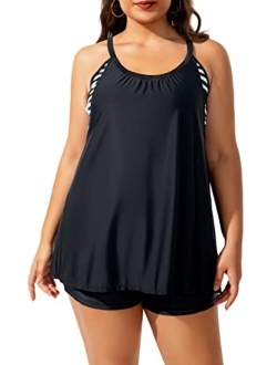 Beautikini Womens Plus Size Tankini Swimsuits, T-Back Push Up Tankini TOP with Shorts Two Pieces Striped Print Bathing Suits