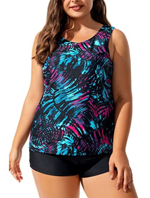 Beautikini Plus Size Tankini Swimsuits for Women, Athletic Tankini Tops with High Waist Shorts Two Piece Bathing Suits