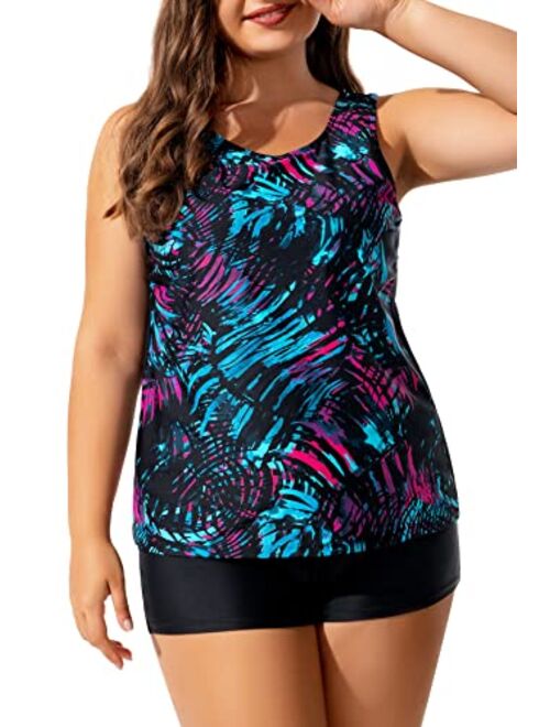 Beautikini Plus Size Tankini Swimsuits for Women, Athletic Tankini Tops with High Waist Shorts Two Piece Bathing Suits