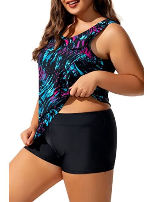 Beautikini Plus Size Tankini Swimsuits for Women, Athletic Tankini Tops with High Waist Shorts Two Piece Bathing Suits