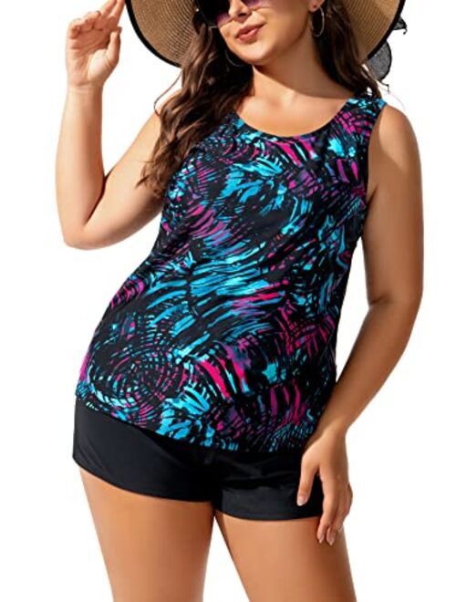 Beautikini Plus Size Tankini Swimsuits for Women, Athletic Tankini Tops with High Waist Shorts Two Piece Bathing Suits