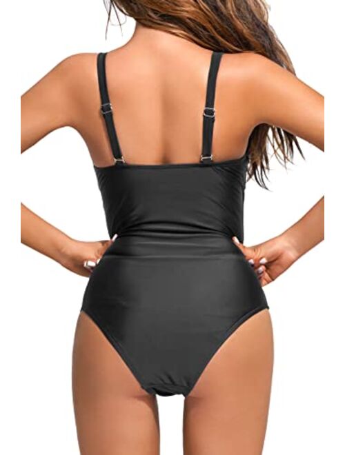 Beautikini Women's One Piece Swimsuit Tummy Control Swimwear Shirred Elegant Pin up Vintage Inspired Bathing Suits