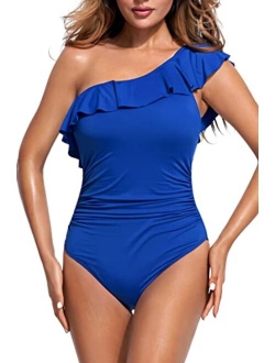 Beautikini Women One Piece Swimsuit Sexy One Shoulder Swimwear Tummy Control Flounce Backless Ruffle Monokinis Bathing Suits