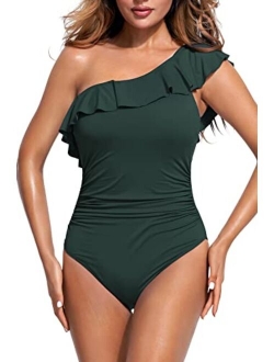 Beautikini Women One Piece Swimsuit Sexy One Shoulder Swimwear Tummy Control Flounce Backless Ruffle Monokinis Bathing Suits