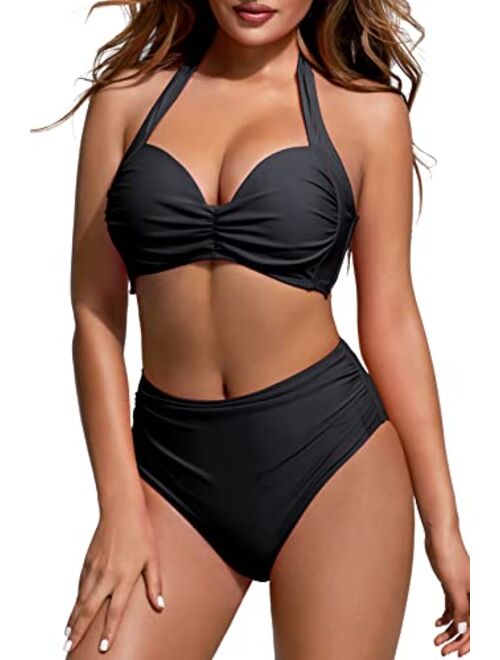 Beautikini Women's Bikini Swimsuits Two Piece Bathing Suits Halter Push Up Bikini High Waisted Full Coverage Bottoms