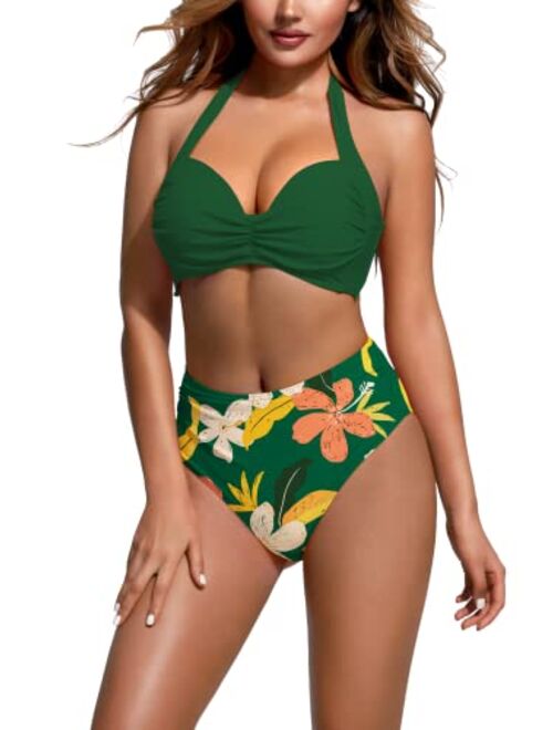 Beautikini Women's Bikini Swimsuits Two Piece Bathing Suits Halter Push Up Bikini High Waisted Full Coverage Bottoms