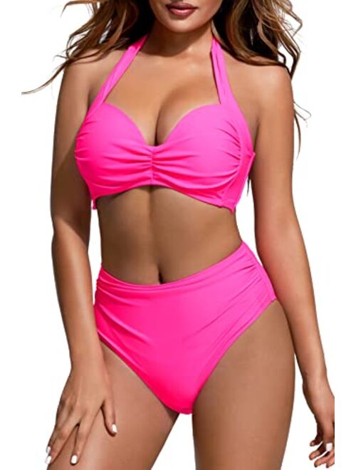 Beautikini Women's Bikini Swimsuits Two Piece Bathing Suits Halter Push Up Bikini High Waisted Full Coverage Bottoms