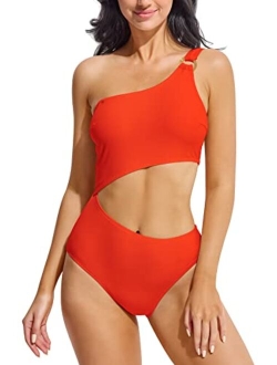 Beautikini Women's One Piece Swimsuit Sexy One Shoulder Bathing Suits Cut Out Asymmetric Colorblock Monokini Swimwear