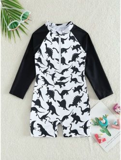 Toddler Boys Dinosaur Print Contrast Raglan Sleeve One Piece Swimsuit