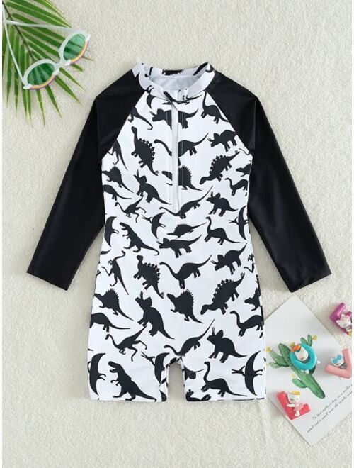 Shein Toddler Boys Dinosaur Print Contrast Raglan Sleeve One Piece Swimsuit