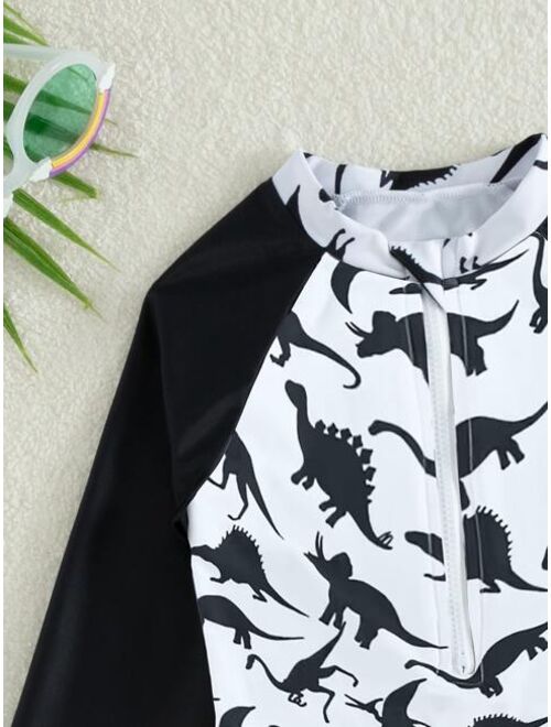 Shein Toddler Boys Dinosaur Print Contrast Raglan Sleeve One Piece Swimsuit