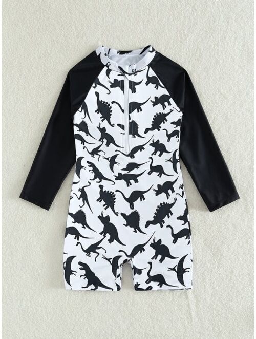 Shein Toddler Boys Dinosaur Print Contrast Raglan Sleeve One Piece Swimsuit