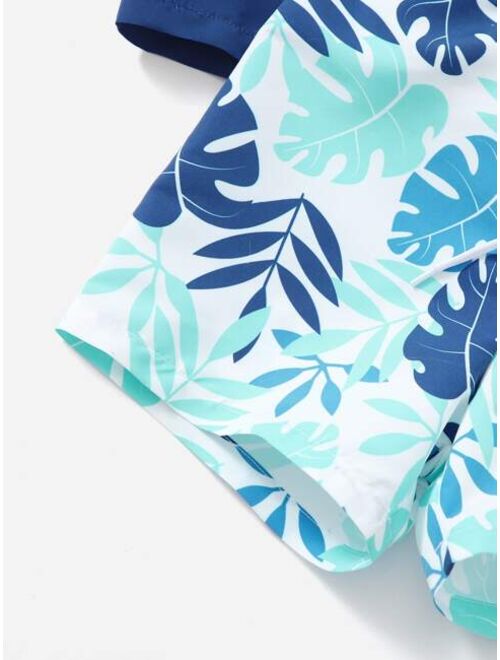 Shein 2pack Toddler Boys Plant Print Plain Swim Shorts