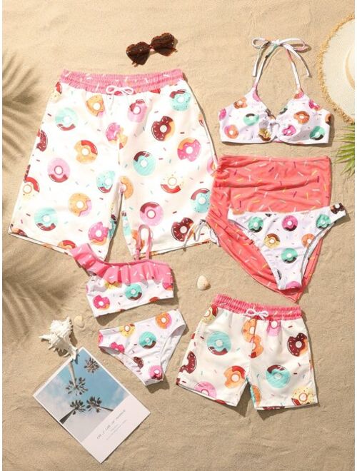 Shein Toddler Boys 1pack Donuts Print Drawstring Waist Swim Shorts