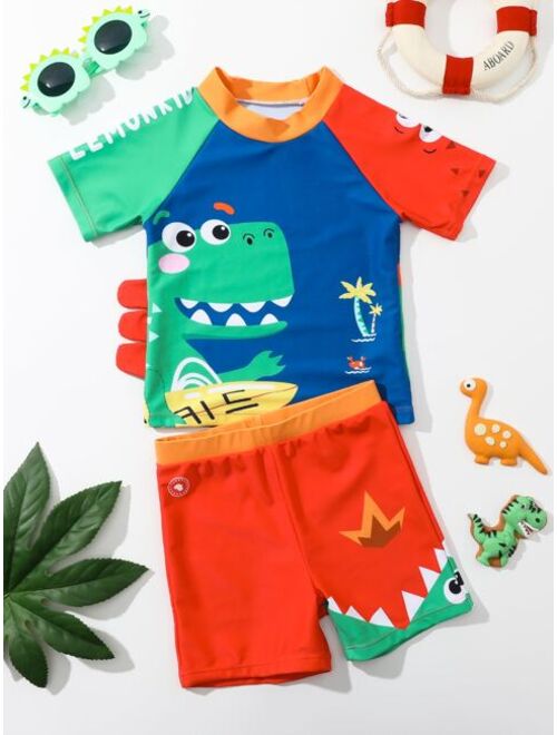 Shein Toddler Boys Cartoon Dinosaur Print Beach Swimsuit