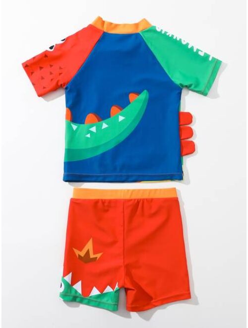 Shein Toddler Boys Cartoon Dinosaur Print Beach Swimsuit