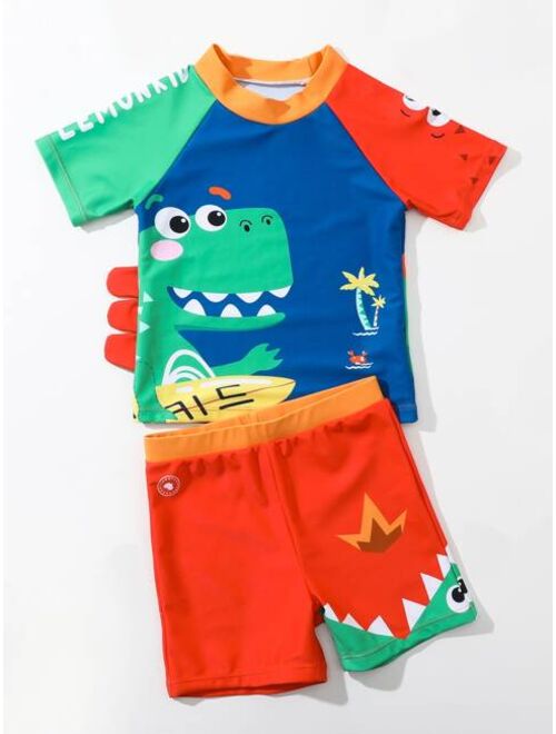 Shein Toddler Boys Cartoon Dinosaur Print Beach Swimsuit