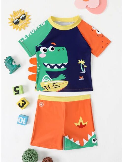 Shein Toddler Boys Cartoon Dinosaur Print Beach Swimsuit