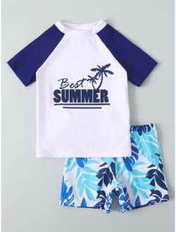 Toddler Boy Letter Graphic Plant Print Swimsuit