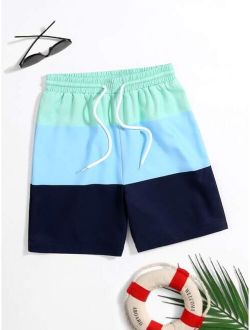 Boys Color Block Drawstring Waist Swim Shorts