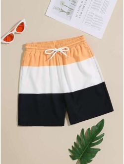 Boys Color Block Drawstring Waist Swim Shorts