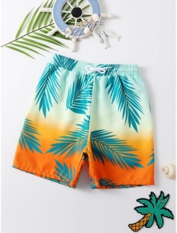 Boys Random Tropical Print Drawstring Waist Swim Shorts