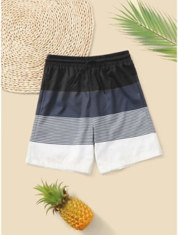 Boys Striped Colorblock Drawstring Waist Swim Trunks