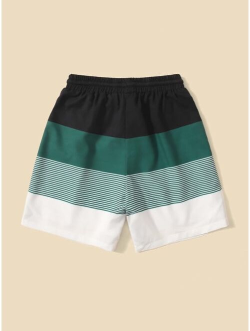 Shein Boys Striped Colorblock Drawstring Waist Swim Trunks