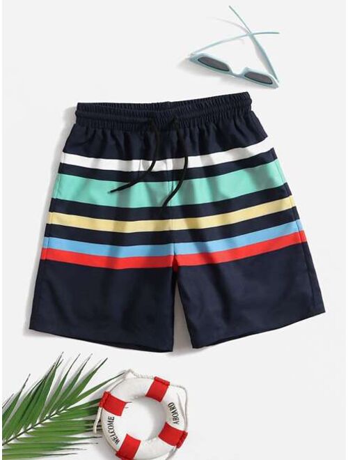 Shein Boys Colorful Striped Drawstring Waist Swim Trunks