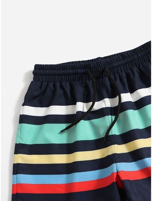 Shein Boys Colorful Striped Drawstring Waist Swim Trunks