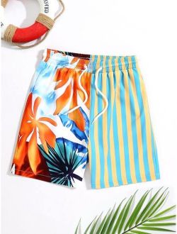Boys Striped Tropical Print Drawstring Waist Swim Shorts