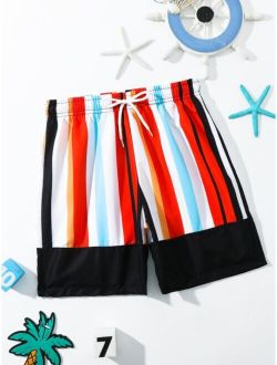 Boys Block Striped Drawstring Waist Swim Shorts