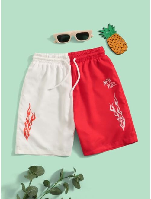 Shein Boys Letter Fire Print Drawstring Waist Swim Shorts