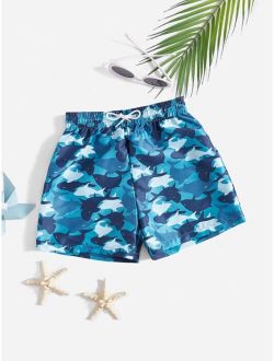 Boys Allover Shark Print Drawstring Waist Swim Shorts