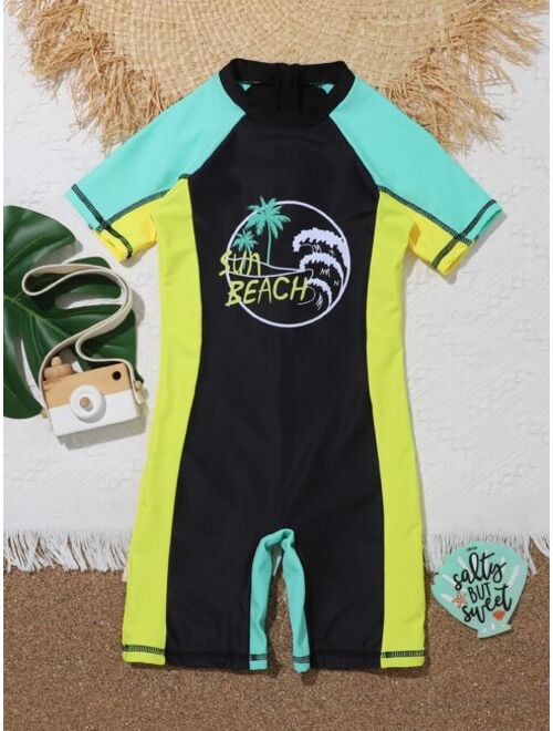 Shein Boys Coconut Tree Letter Graphic Colorblock Raglan Sleeve One Piece Swimsuit