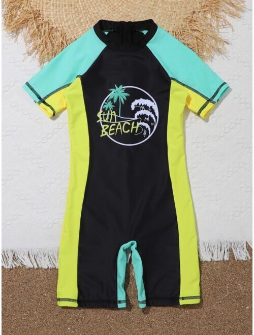 Shein Boys Coconut Tree Letter Graphic Colorblock Raglan Sleeve One Piece Swimsuit